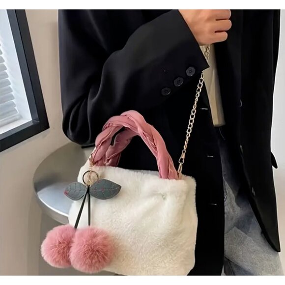 Plush BLACK Fur Bucket Bag Two PINK Pom Pom CHERRIES Fall School Trendy - Picture 7 of 12